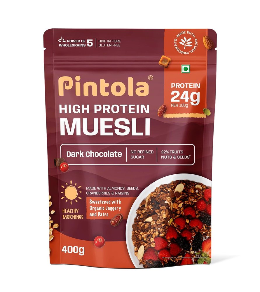 Pintola High Protein Muesli Dark Chocolate & Cranberry 400g, 24g Protein, High Fibre, Trans Fat Free with Brown Sugar, Real Fruits, Muesli for Breakfast Food, Muselies Fruit Nuts and Seeds (400g)