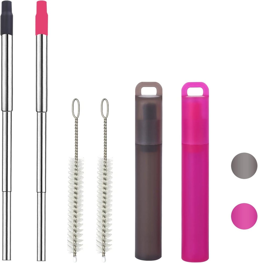ANAB GI-Metal Reusable Straws, 2 Pack Collapsible Portable Stainless Steel Straws, with Plastic Housing Silicone Tips and Cleaning Brush, Retractable Portable Pocket Drinking Straws