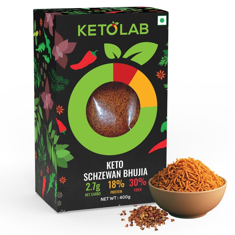 Ketolab Keto Bhujia (Sezwan), 400 Gms (Pack of 2), 2.7g Net Carb & 18% High Protein/Serv, Identical to Regular Bhujia, Low Carb, Pre-Biotic High Fibre