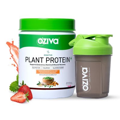 OZiva Bioactive Plant Protein (Strawberry with shaker) | 25g Protein,5.5 BCAA| Pea Isolate| Plant based Protein Powder for Women & Men | Essential Amino Acids| Vegan, Sugar free, 500g