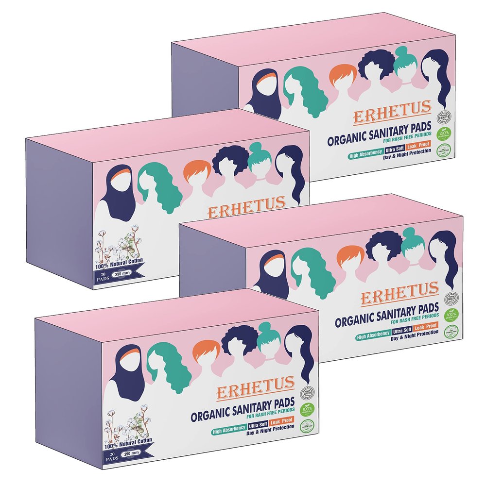 ERHETUS Biodegradable Bamboo Sanitary Pads for Women, Pure Organic Cotton Base Sanitary Napkins | Chemical & Fragrance Free, Soft, Ultra-thin, High Absorbent - 80 Pads (XL, 290mm, Pack of 4 * 20 pad)