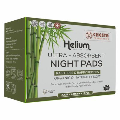 Chesta Formulation Helium Sanitary Pads for Women Ultra-Absorbent Night Pads [Size-XXXL-420MM Pads-15PCS] 100% Organic Cotton Bamboo Sanitary Pads With Ultra Soakage And LeakProof