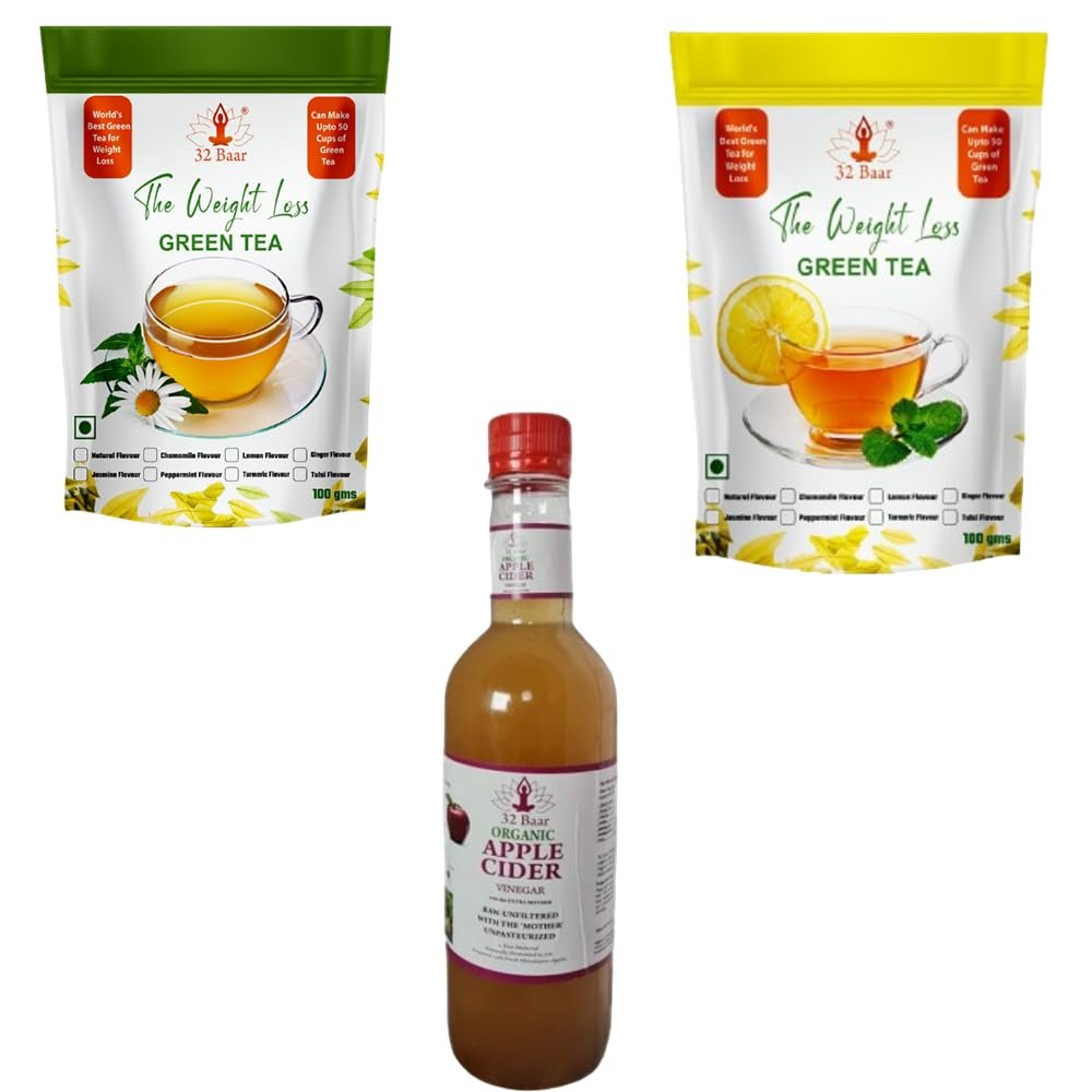32 Baar Chamomile & Lemon Flavoured Tea + Apple Cider Vinegar Combo | Green Tea & Organic Apple Cider Vinegar | Antioxidant-Rich