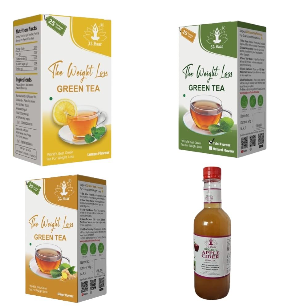 32 Baar Lemon & Tulsi & Ginger Tea Bag + Apple Cider Vinegar Combo | Green Tea & Organic Apple Cider Vinegar | Antioxidant-Rich