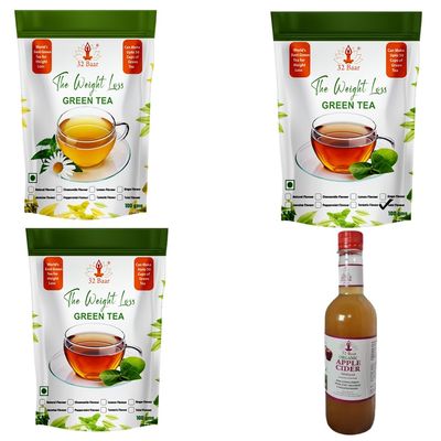 32 Baar Chamomile & Tulsi & Jasmine Flavoured Tea + Apple Cider Vinegar Combo | Green Tea & Organic Apple Cider Vinegar | Antioxidant-Rich