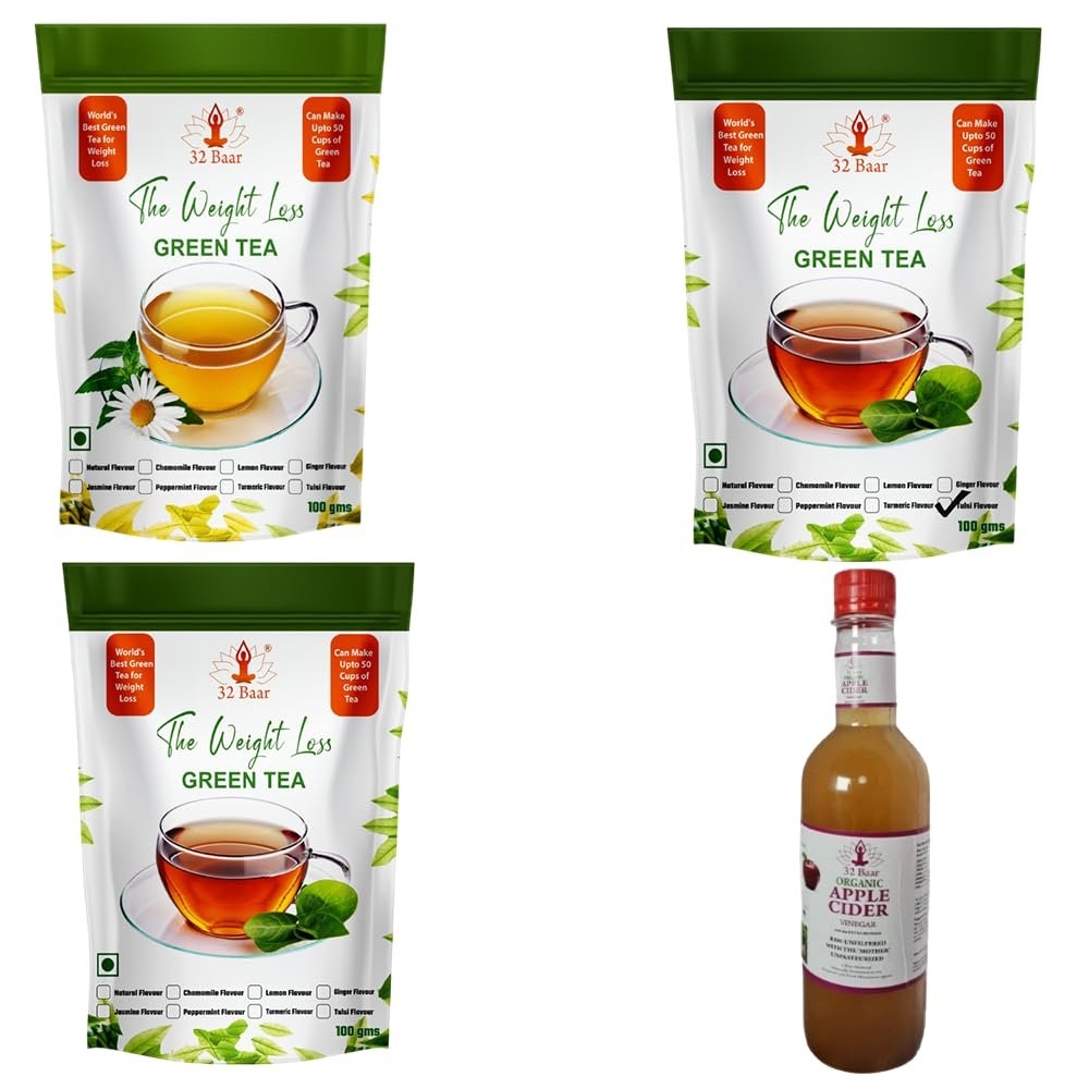 32 Baar Chamomile & Tulsi & Jasmine Flavoured Tea + Apple Cider Vinegar Combo | Green Tea & Organic Apple Cider Vinegar | Antioxidant-Rich