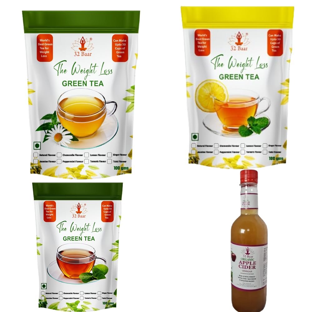 32 Baar Chamomile & Lemon & Jasmine Flavoured Tea + Apple Cider Vinegar Combo | Green Tea & Organic Apple Cider Vinegar | Antioxidant-Rich