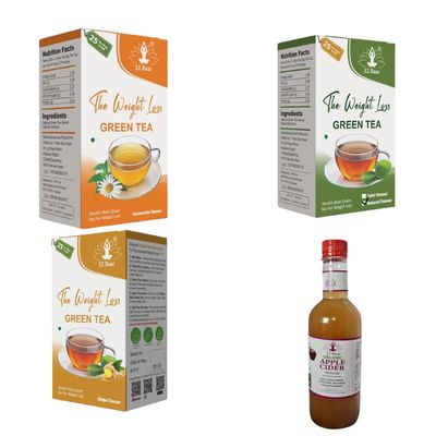 32 Baar Chamomile & Natural & Ginger Tea Bag + Apple Cider Vinegar Combo | Green Tea & Organic Apple Cider Vinegar | Antioxidant-Rich