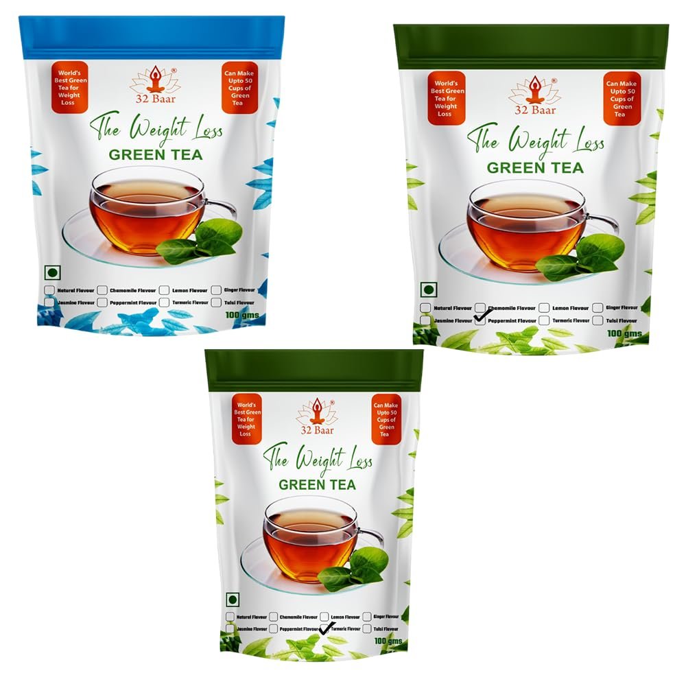32 Baar Peppermint & Jasmine & Turmeric Flavoured Tea Combo | Herbal Infusion Green Tea Leaves | Relaxing & Refreshing | Perfect for Stress Relief & Immunity Boost | All-Natural Ingredients