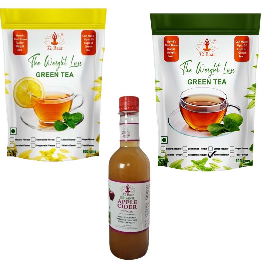 32 Baar Lemon & Turmeric Flavoured Tea + Apple Cider Vinegar Combo | Green Tea & Organic Apple Cider Vinegar | Antioxidant-Rich