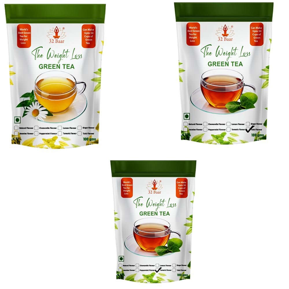 32 Baar Chamomile & Tulsi & Turmeric Flavoured Tea Combo | Herbal Infusion Green Tea Leaves | Relaxing & Refreshing | Perfect for Stress Relief & Immunity Boost | All-Natural Ingredients