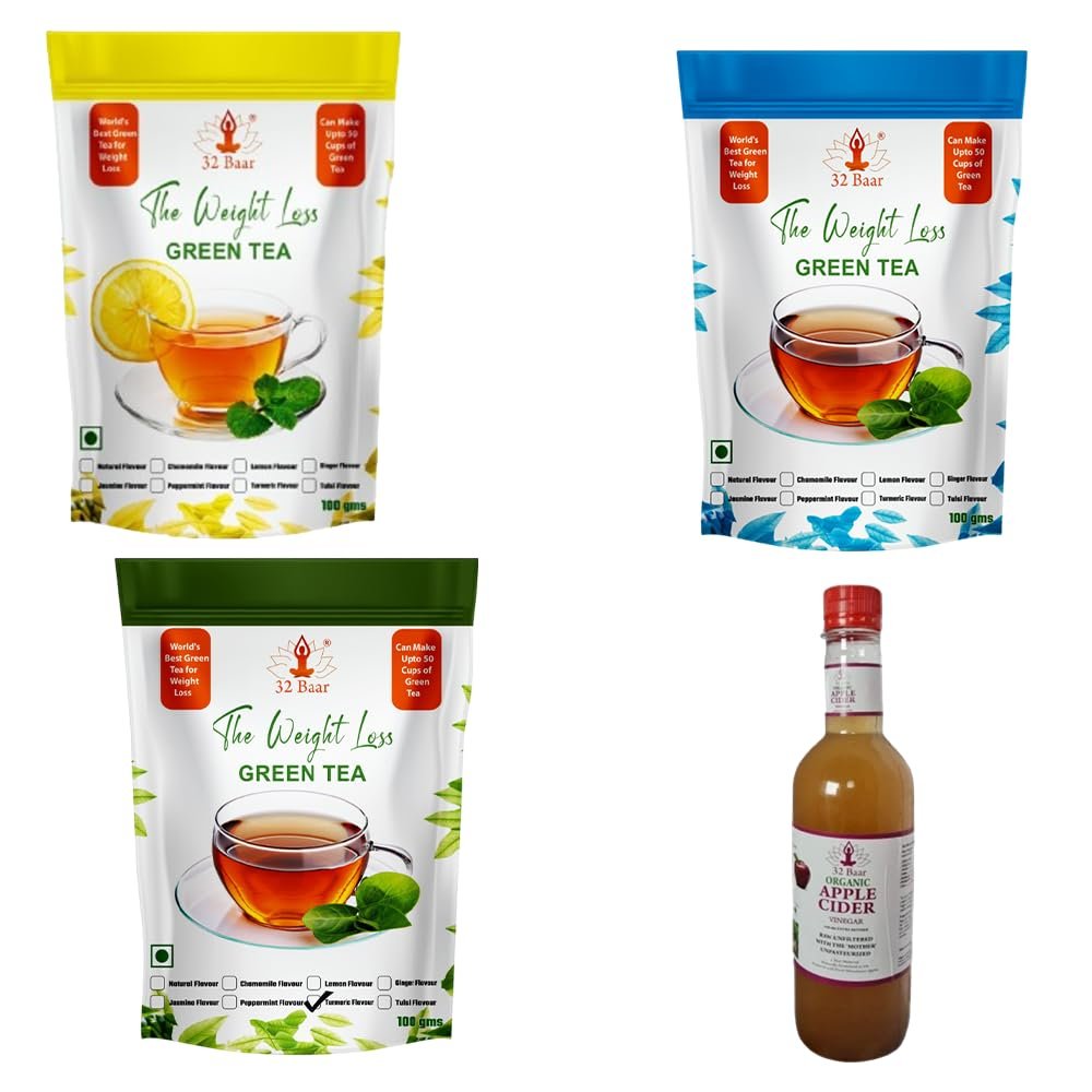 32 Baar Tulsi & Ginger & Peppermint Flavoured Tea + Apple Cider Vinegar Combo | Green Tea & Organic Apple Cider Vinegar | Antioxidant-Rich