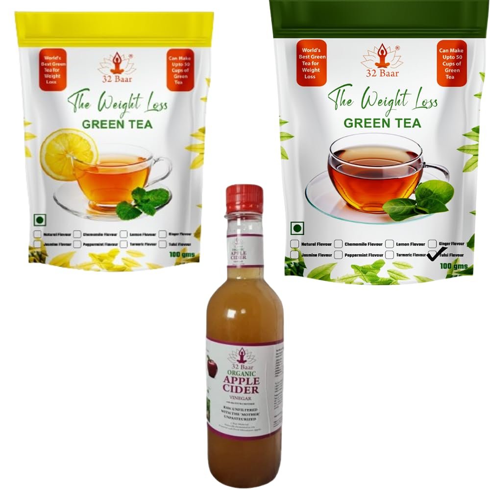 32 Baar Lemon & Tulsi Flavoured Tea + Apple Cider Vinegar Combo | Green Tea & Organic Apple Cider Vinegar | Antioxidant-Rich