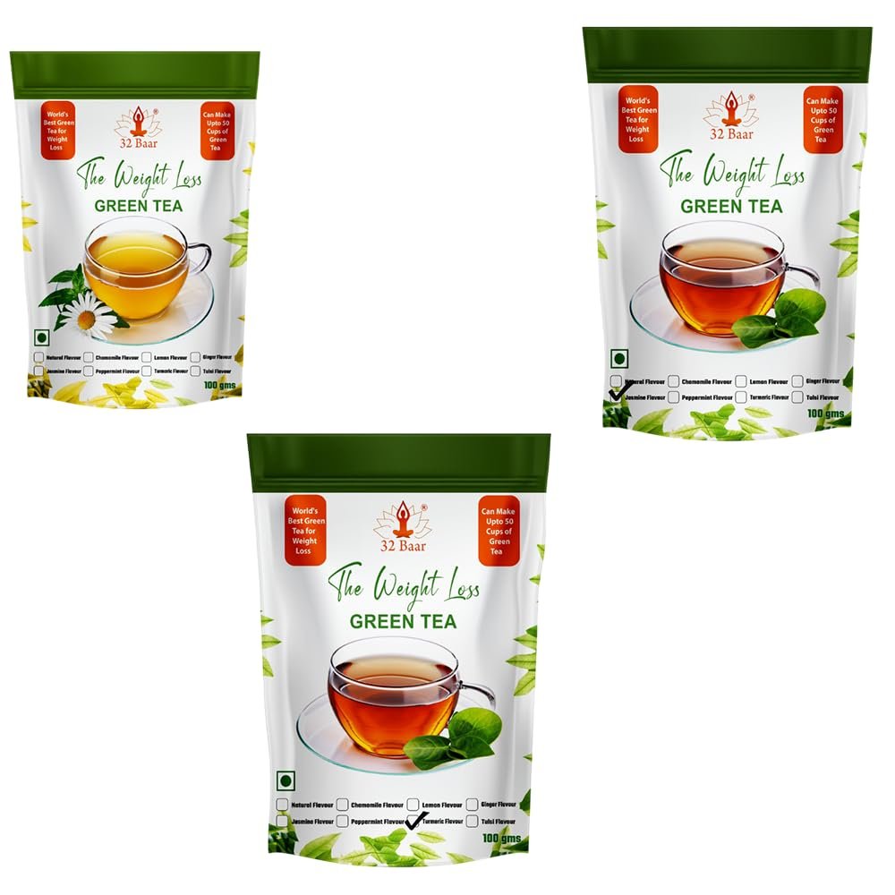 32 Baar Chamomile & Ginger & Turmeric Flavoured Tea Combo | Herbal Infusion Green Tea Leaves | Relaxing & Refreshing | Perfect for Stress Relief & Immunity Boost | All-Natural Ingredients