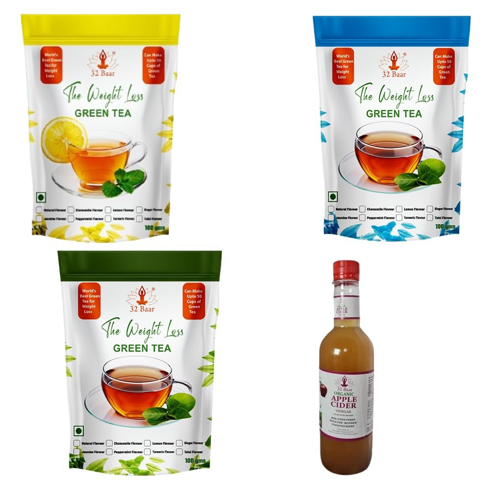 32 Baar Tulsi & Ginger & Turmeric Flavoured Tea + Apple Cider Vinegar Combo | Green Tea & Organic Apple Cider Vinegar | Antioxidant-Rich