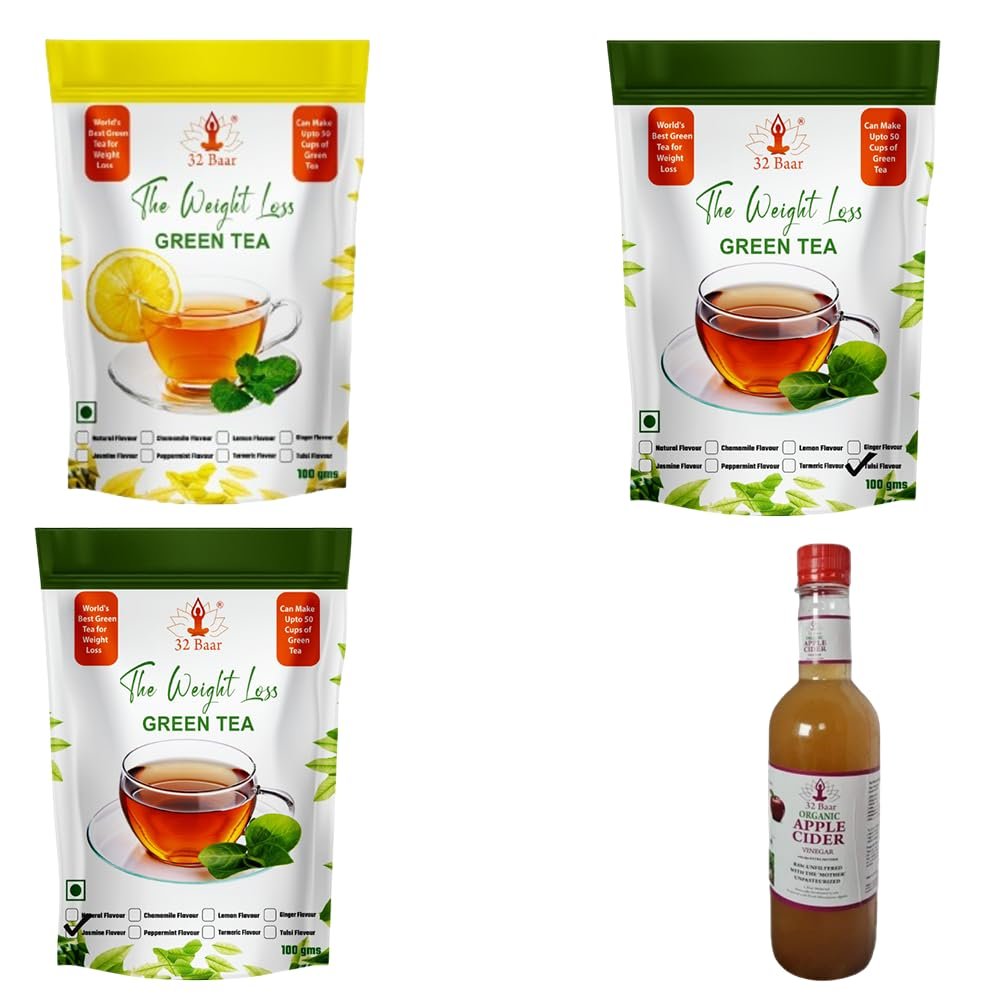 32 Baar Tulsi & Natural & Turmeric Flavoured Tea + Apple Cider Vinegar Combo | Green Tea & Organic Apple Cider Vinegar | Antioxidant-Rich