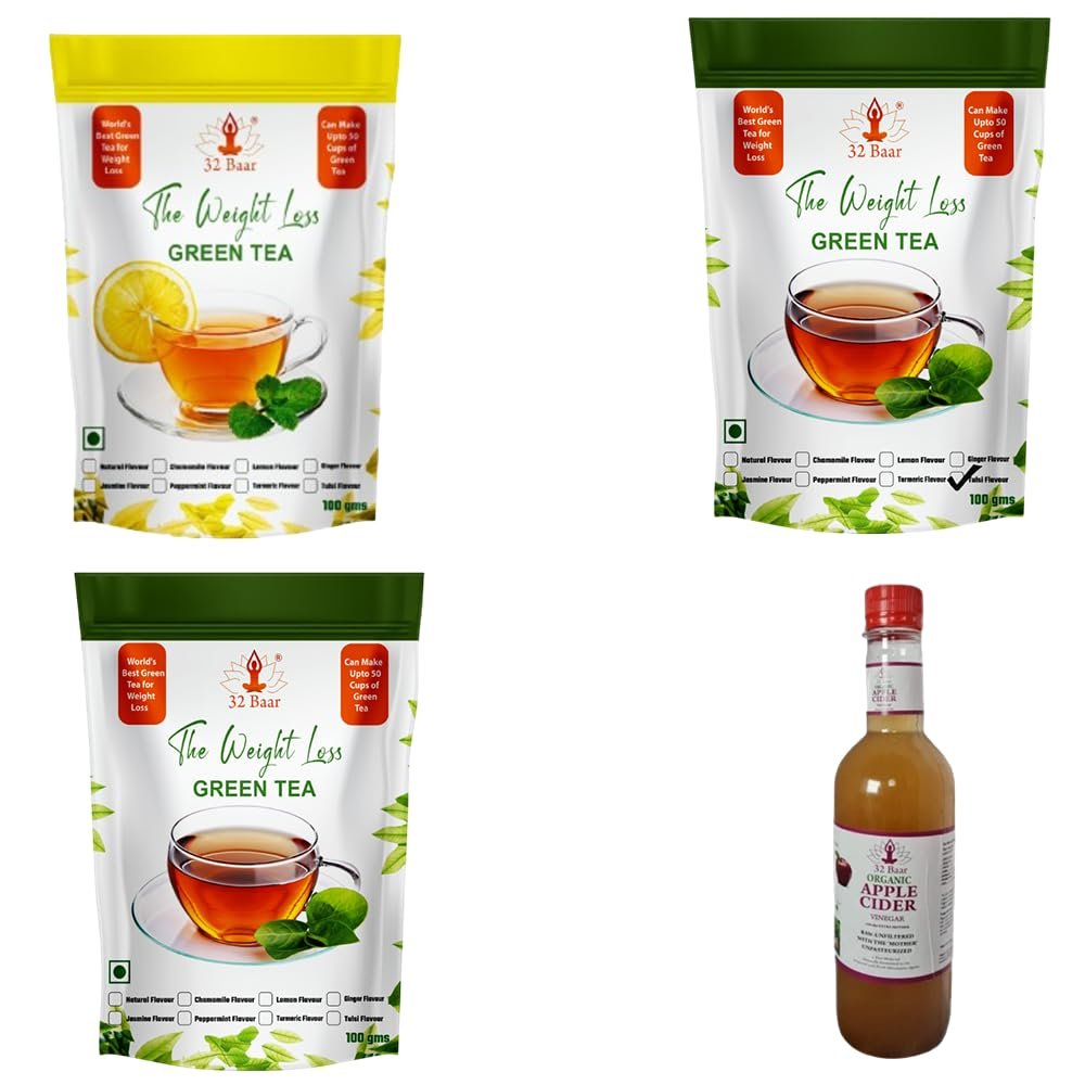 32 Baar Tulsi & Natural & Jasmine Flavoured Tea + Apple Cider Vinegar Combo | Green Tea & Organic Apple Cider Vinegar | Antioxidant-Rich