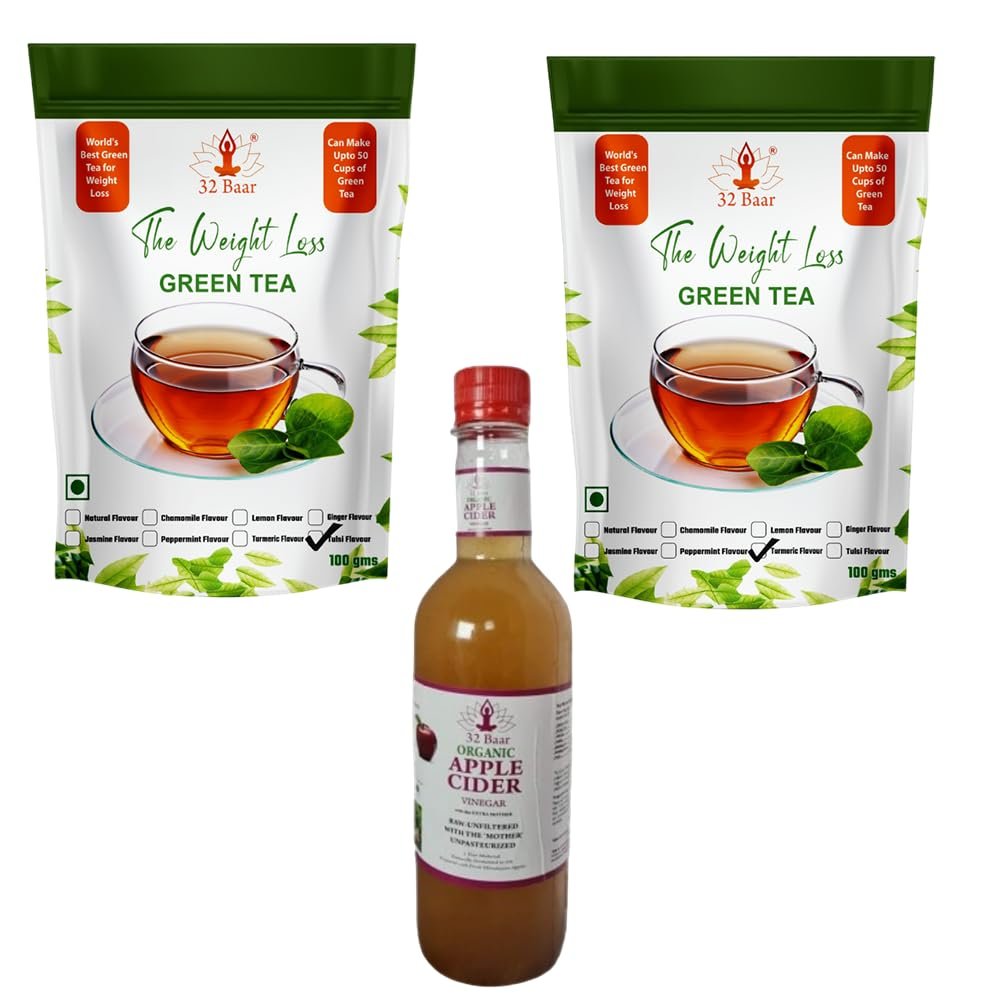 32 Baar Tulsi & Turmeric Flavoured Tea + Apple Cider Vinegar Combo | Green Tea & Organic Apple Cider Vinegar | Antioxidant-Rich