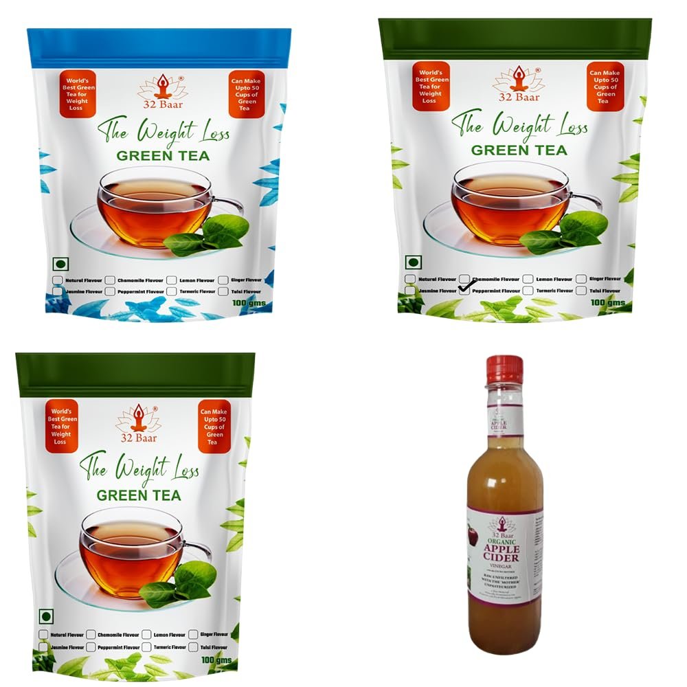 32 Baar Ginger & Jasmine & Turmeric Flavoured Tea + Apple Cider Vinegar Combo | Green Tea & Organic Apple Cider Vinegar | Antioxidant-Rich