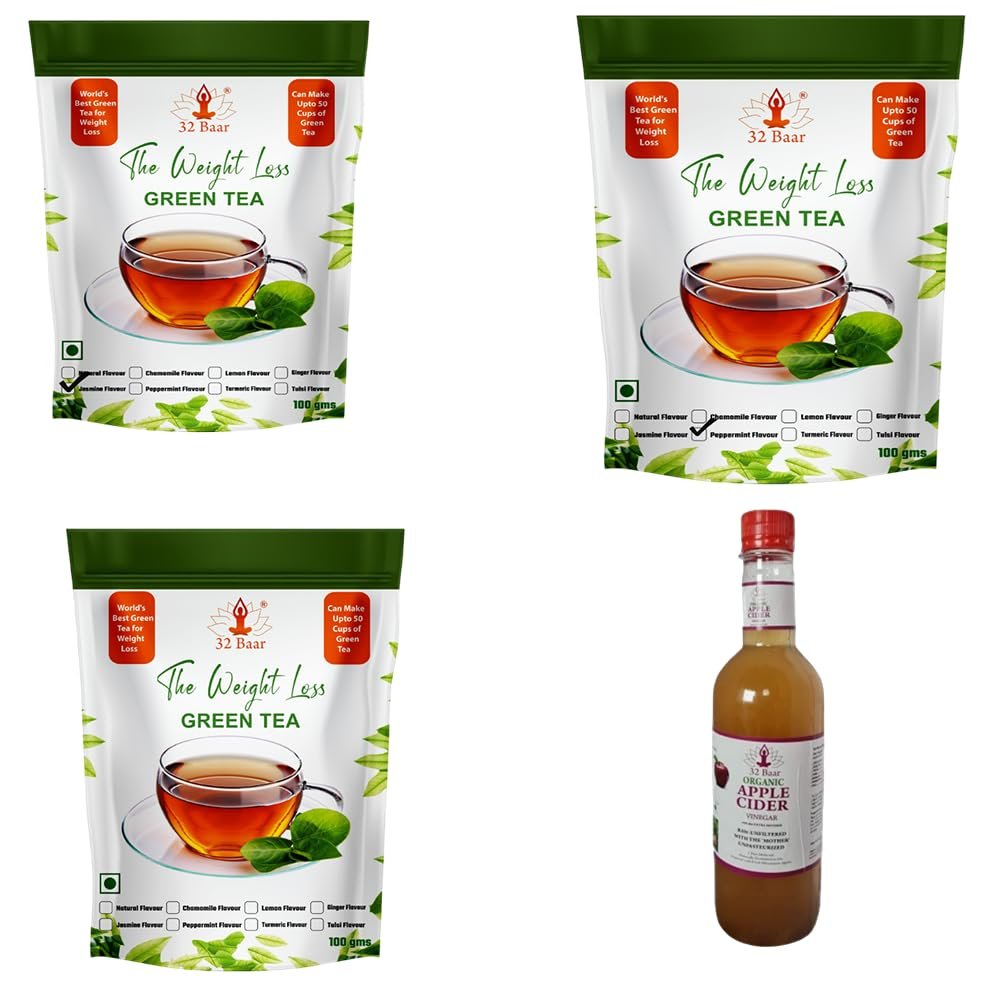 32 Baar Lemon & Ginger & Jasmine Flavoured Tea + Apple Cider Vinegar Combo | Green Tea & Organic Apple Cider Vinegar | Antioxidant-Rich