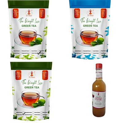 32 Baar Natural & Ginger & Jasmine Flavoured Tea + Apple Cider Vinegar Combo | Green Tea & Organic Apple Cider Vinegar | Antioxidant-Rich
