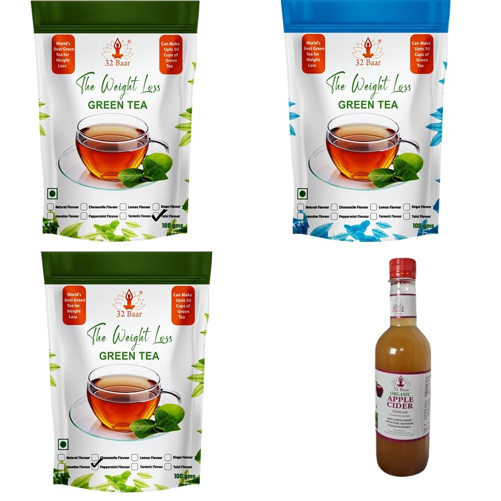 32 Baar Natural & Ginger & Jasmine Flavoured Tea + Apple Cider Vinegar Combo | Green Tea & Organic Apple Cider Vinegar | Antioxidant-Rich