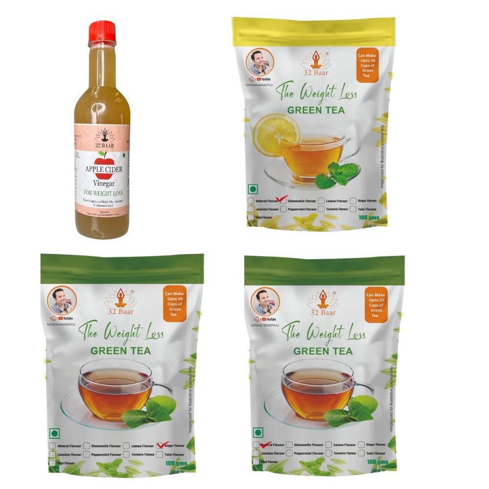 32 Baar Lemon & Natural & Ginger Flavoured Tea + Apple Cider Vinegar Combo | Green Tea & Organic Apple Cider Vinegar | Antioxidant-Rich