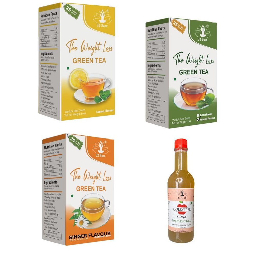 32 Baar Lemon & Natural & Ginger Tea Bag + Apple Cider Vinegar Combo | Green Tea & Organic Apple Cider Vinegar | Antioxidant-Rich