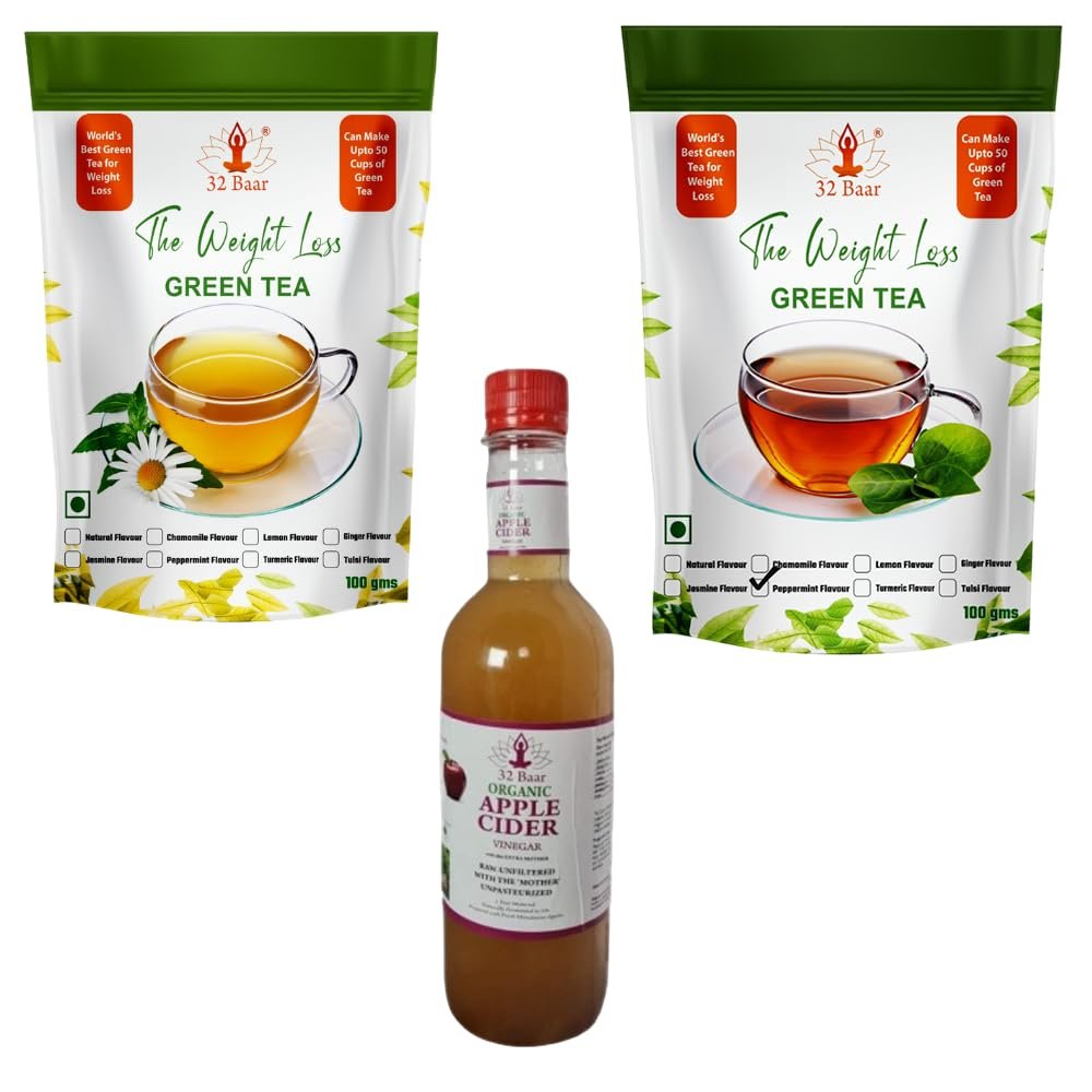 32 Baar Chamomile & Peppermint Flavoured Tea + Apple Cider Vinegar Combo | Green Tea & Organic Apple Cider Vinegar | Antioxidant-Rich