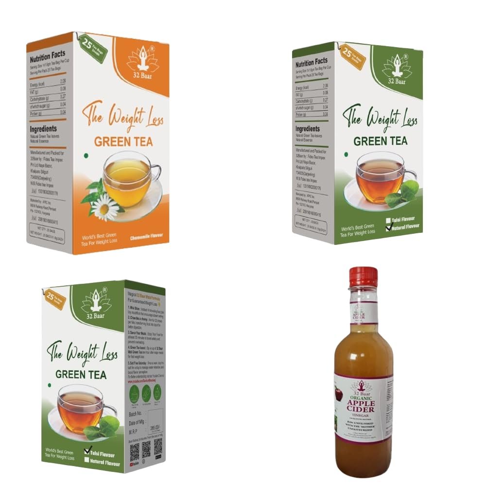 32 Baar Chamomile & Natural & Tulsi Tea Bag + Apple Cider Vinegar Combo | Green Tea & Organic Apple Cider Vinegar | Antioxidant-Rich