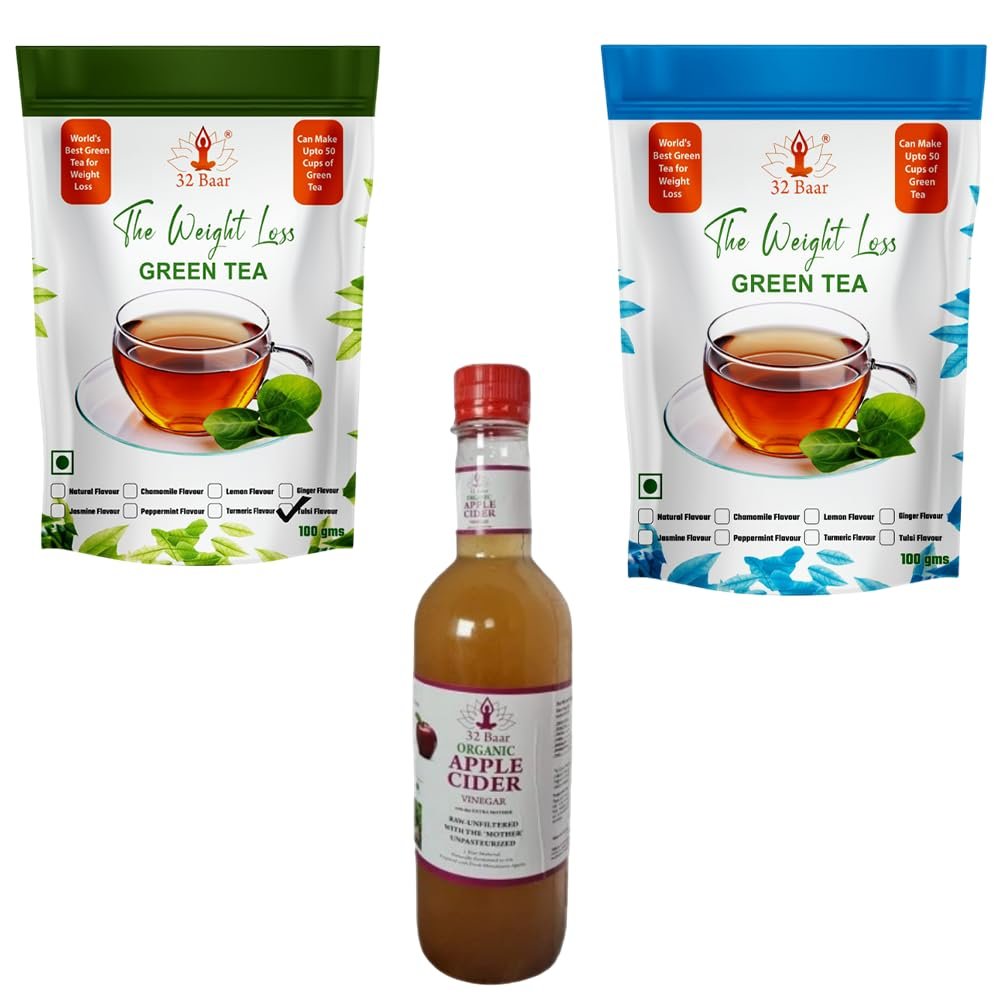 32 Baar Tulsi & Natural Flavoured Tea + Apple Cider Vinegar Combo | Green Tea & Organic Apple Cider Vinegar | Antioxidant-Rich