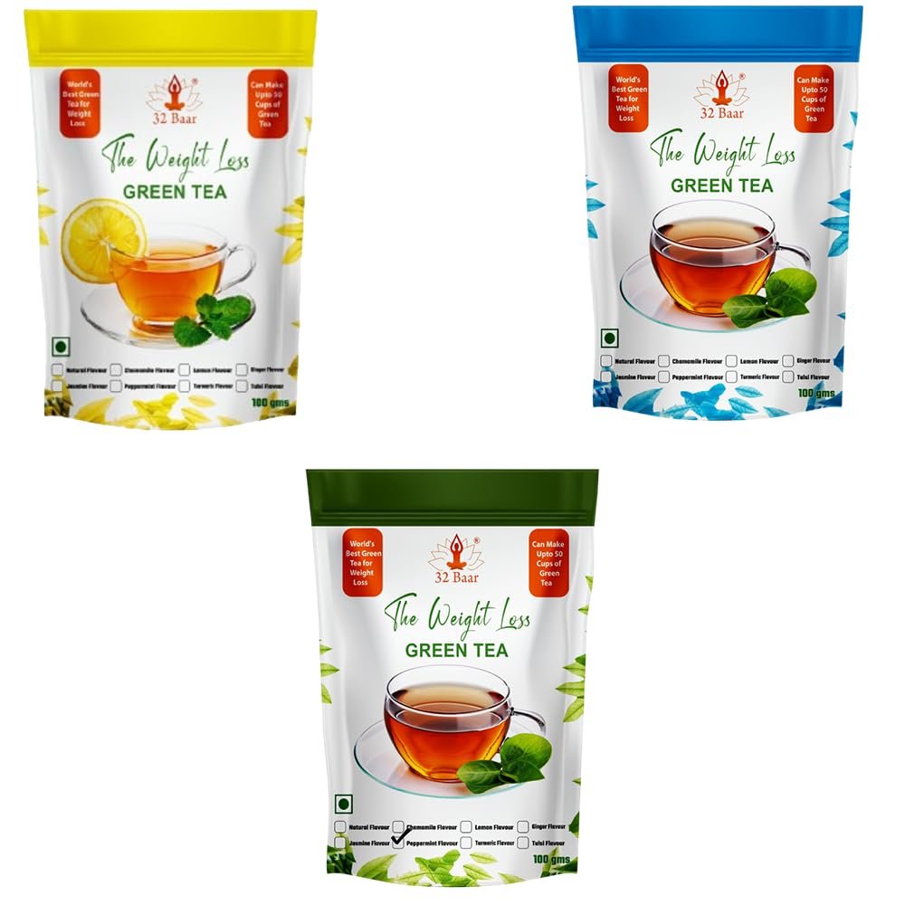 32 Baar Tulsi & Ginger & Jasmine Flavoured Tea Combo | Herbal Infusion Green Tea Leaves | Relaxing & Refreshing | Perfect for Stress Relief & Immunity Boost | All-Natural Ingredients