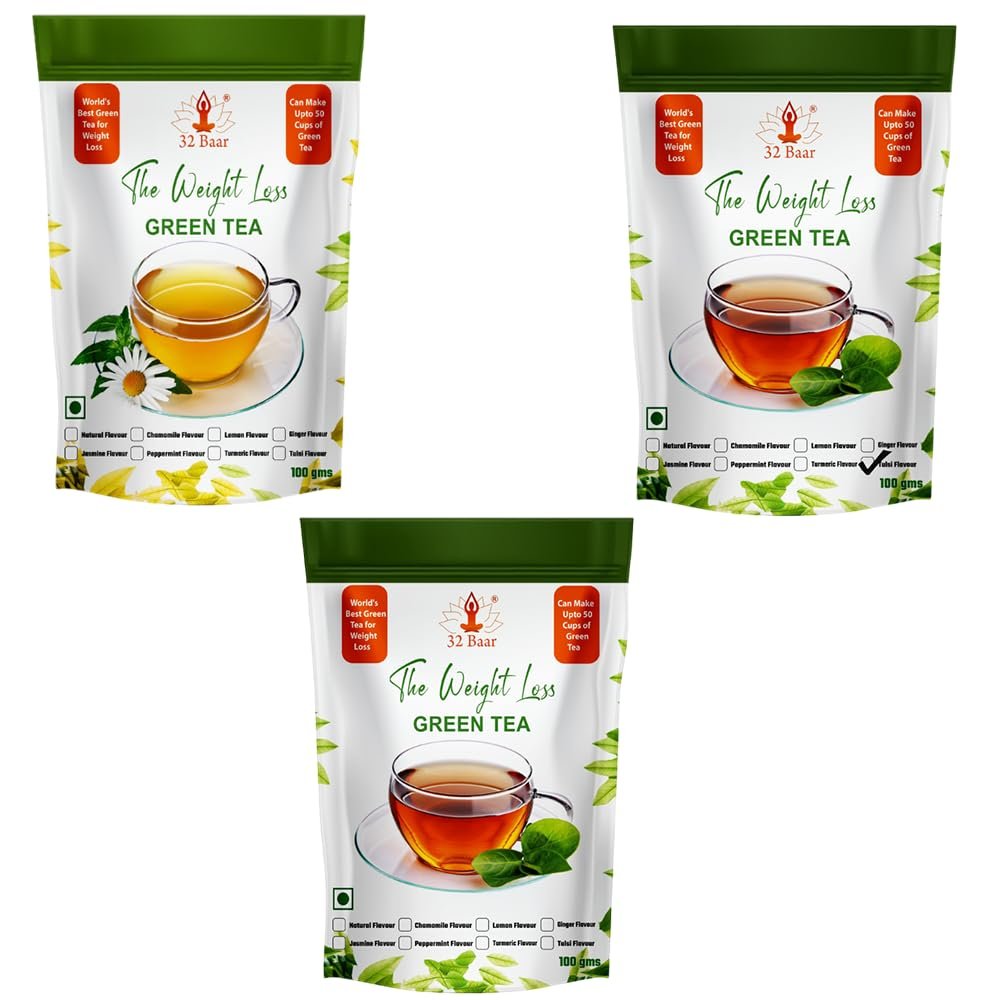 32 Baar Chamomile & Tulsi & Jasmine Flavoured Tea Combo | Herbal Infusion Green Tea Leaves | Relaxing & Refreshing | Perfect for Stress Relief & Immunity Boost | All-Natural Ingredients