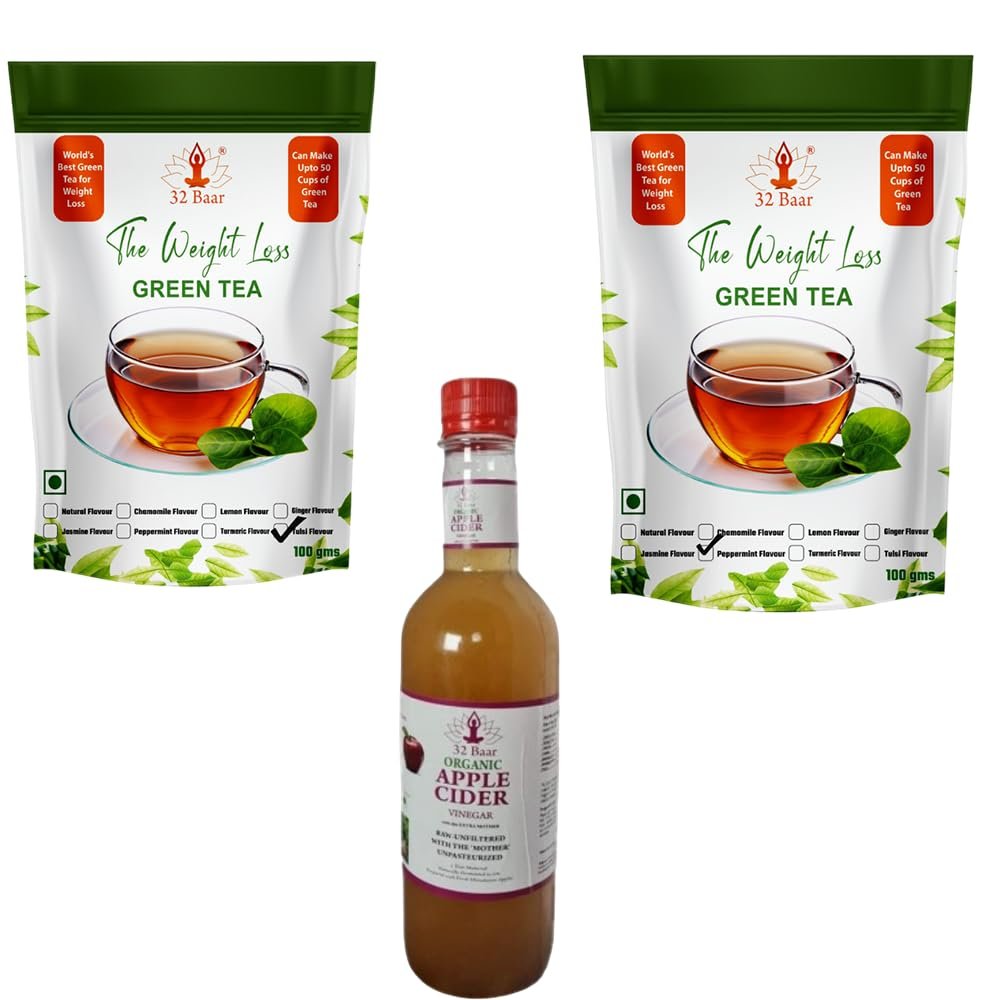 32 Baar Tulsi & Peppermint Flavoured Tea + Apple Cider Vinegar Combo | Green Tea & Organic Apple Cider Vinegar | Antioxidant-Rich