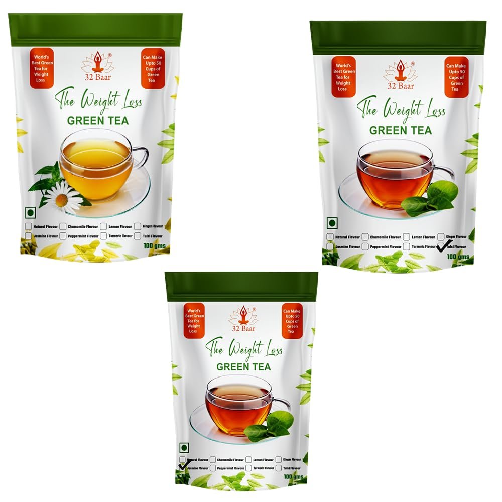 32 Baar Chamomile & Tulsi & Ginger Flavoured Tea Combo | Herbal Infusion Green Tea Leaves | Relaxing & Refreshing | Perfect for Stress Relief & Immunity Boost | All-Natural Ingredients