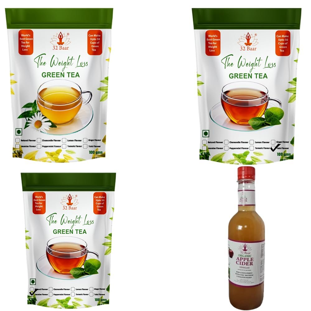 32 Baar Chamomile & Tulsi & Ginger Flavoured Tea + Apple Cider Vinegar Combo | Green Tea & Organic Apple Cider Vinegar | Antioxidant-Rich