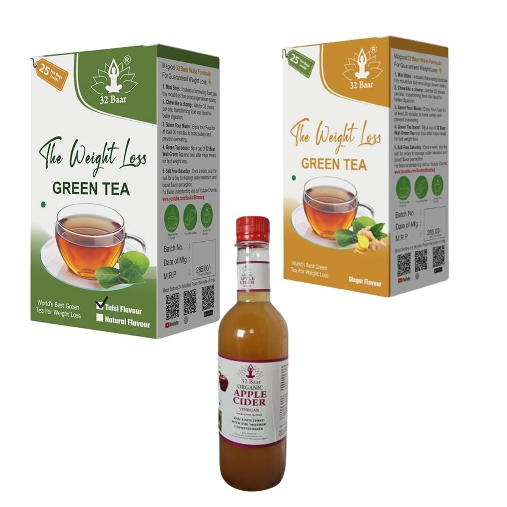 32 Baar Tulsi & Ginger Tea Bag + Apple Cider Vinegar Combo | Green Tea & Organic Apple Cider Vinegar | Antioxidant-Rich