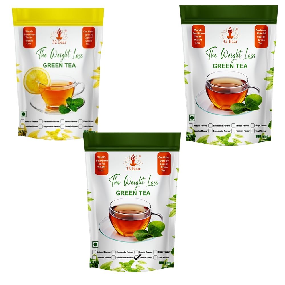 32 Baar Tulsi & Jasmine & Turmeric Flavoured Tea Combo | Herbal Infusion Green Tea Leaves | Relaxing & Refreshing | Perfect for Stress Relief & Immunity Boost | All-Natural Ingredients