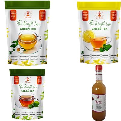 32 Baar Chamomile & Lemon & Ginger Flavoured Tea + Apple Cider Vinegar Combo | Green Tea & Organic Apple Cider Vinegar | Antioxidant-Rich