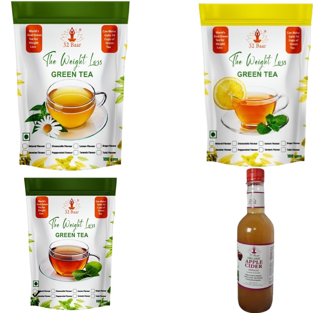 32 Baar Chamomile & Lemon & Ginger Flavoured Tea + Apple Cider Vinegar Combo | Green Tea & Organic Apple Cider Vinegar | Antioxidant-Rich