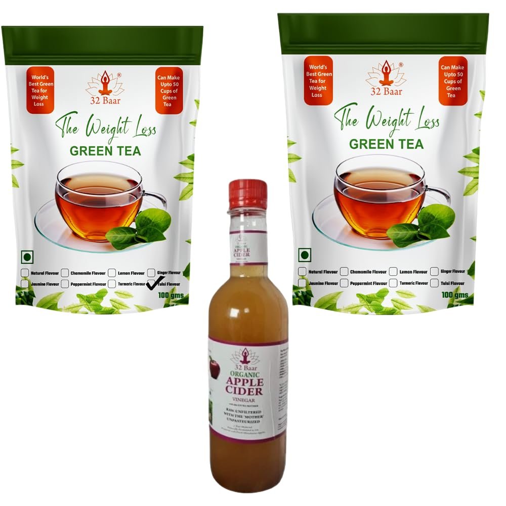 32 Baar Tulsi & Jasmine Flavoured Tea + Apple Cider Vinegar Combo | Green Tea & Organic Apple Cider Vinegar | Antioxidant-Rich