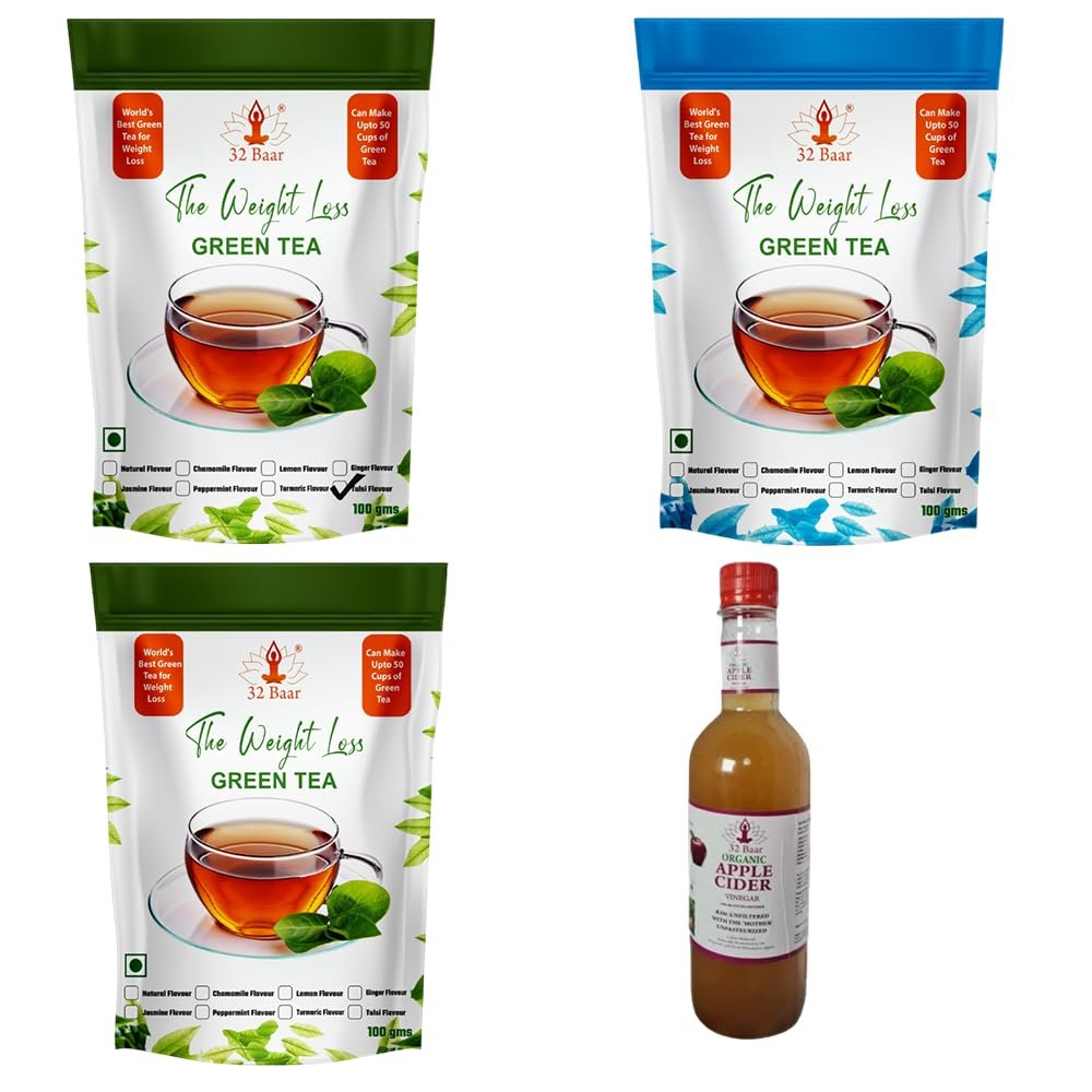 32 Baar Natural & Ginger & Turmeric Flavoured Tea + Apple Cider Vinegar Combo | Green Tea & Organic Apple Cider Vinegar | Antioxidant-Rich