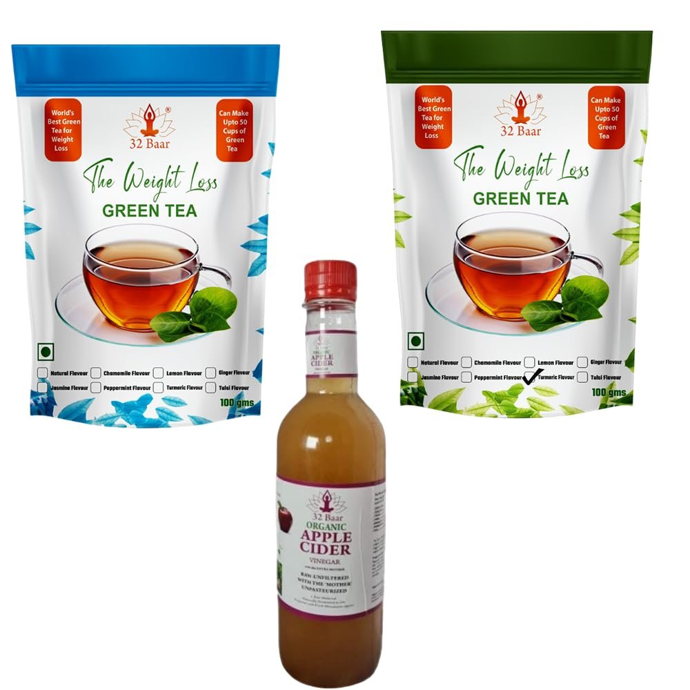 32 Baar Natural & Turmeric Flavoured Tea + Apple Cider Vinegar Combo | Green Tea & Organic Apple Cider Vinegar | Antioxidant-Rich