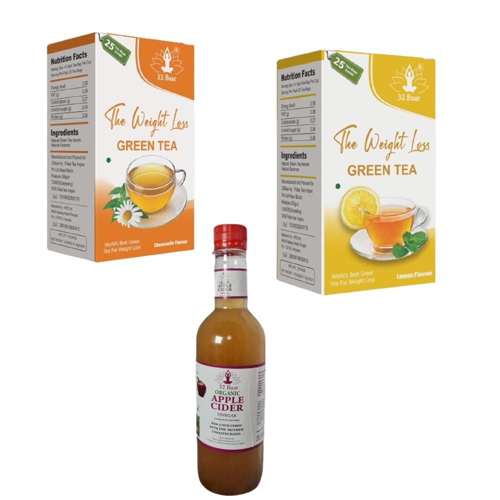 32 Baar Chamomile & Lemon Tea Bag + Apple Cider Vinegar Combo | Green Tea & Organic Apple Cider Vinegar | Antioxidant-Rich
