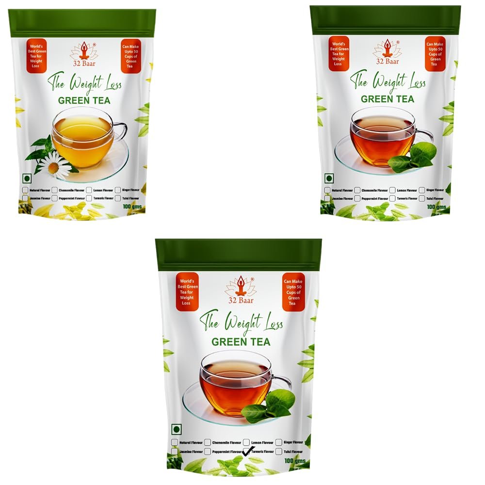 32 Baar Chamomile & Jasmine & Turmeric Flavoured Tea Combo | Herbal Infusion Green Tea Leaves | Relaxing & Refreshing | Perfect for Stress Relief & Immunity Boost | All-Natural Ingredients