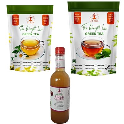 32 Baar Chamomile & Tulsi Flavoured Tea + Apple Cider Vinegar Combo | Green Tea & Organic Apple Cider Vinegar | Antioxidant-Rich