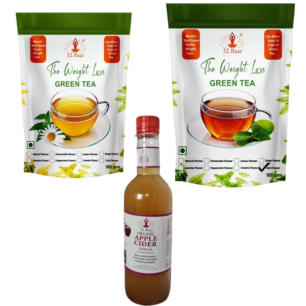 32 Baar Chamomile & Tulsi Flavoured Tea + Apple Cider Vinegar Combo | Green Tea & Organic Apple Cider Vinegar | Antioxidant-Rich