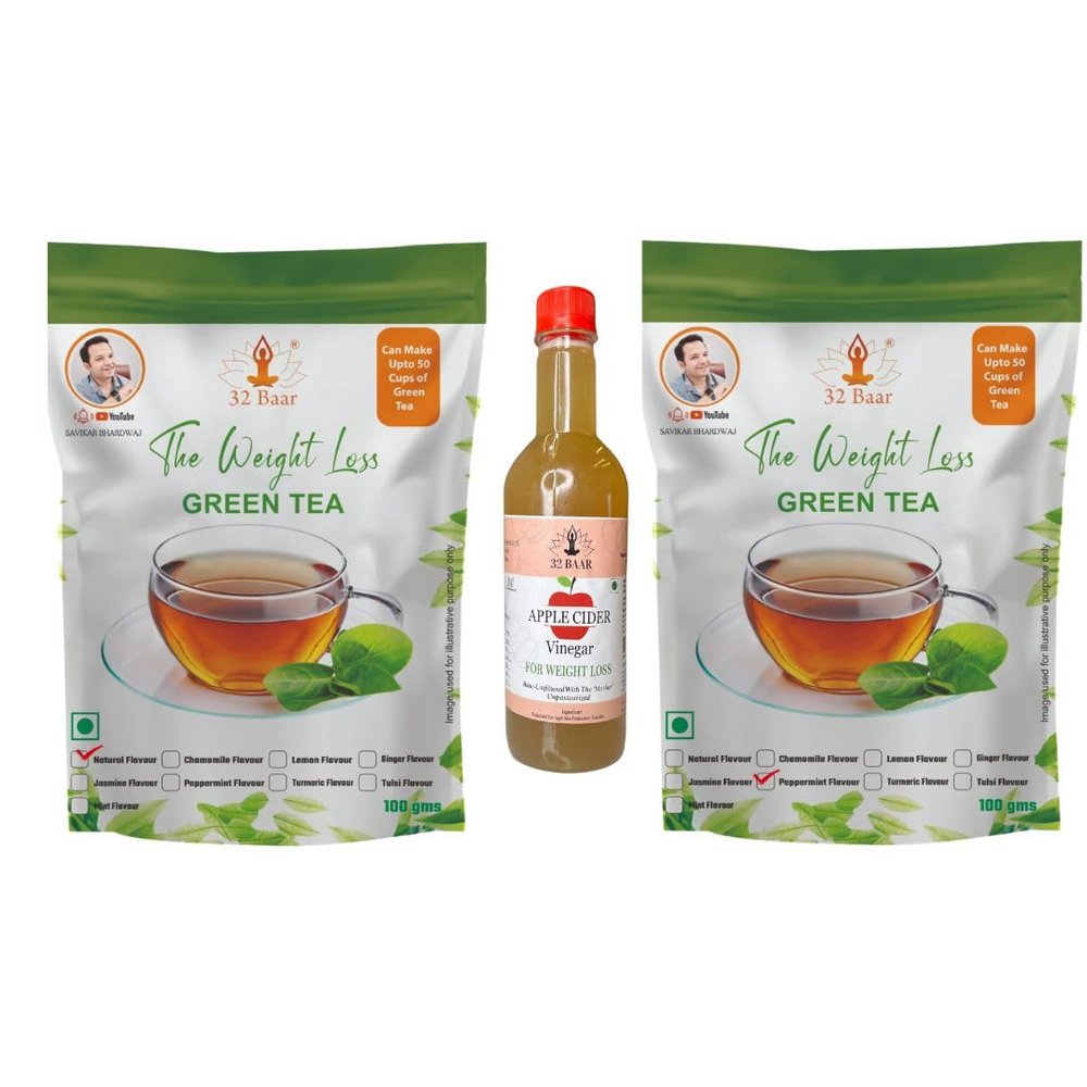 32 Baar Natural & Peppermint Flavoured Tea + Apple Cider Vinegar Combo | Green Tea & Organic Apple Cider Vinegar | Antioxidant-Rich