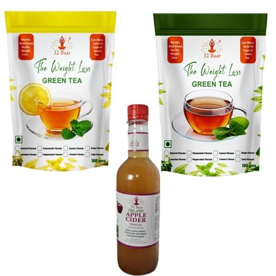 32 Baar Lemon & Jasmine Flavoured Tea + Apple Cider Vinegar Combo | Green Tea & Organic Apple Cider Vinegar | Antioxidant-Rich