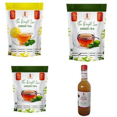 32 Baar Lemon & Tulsi & Peppermint Flavoured Tea + Apple Cider Vinegar Combo | Green Tea & Organic Apple Cider Vinegar | Antioxidant-Rich